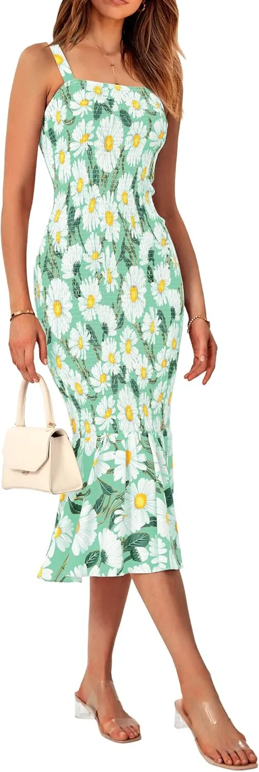 PRETTYGARDEN Women's Summer Floral Midi Tank Dress Sleeveless Strappy Ruffle Hem Smocked Bodycon Dresses