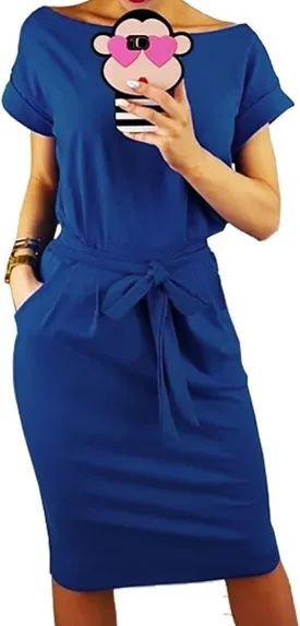 PRETTYGARDEN Women's Summer Short Sleeve Crewneck Striped Dress Basic Solid Tie Waist Office T Shirt Dresses Pockets