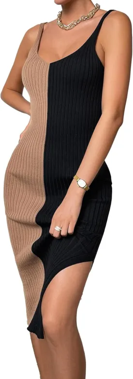 Verdusa Women's 2023 Bodycon Midi Dress Colorblock Y2K Ribbed Knit Dress