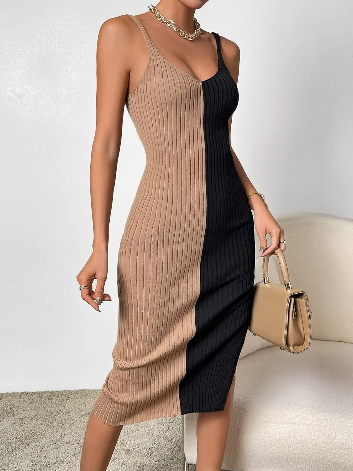 Verdusa Women's 2023 Bodycon Midi Dress Colorblock Y2K Ribbed Knit Dress