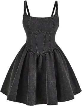 WDIRARA Women's Casual Square Neck Denim Dress Ruffle Hem A Line Mini Dress