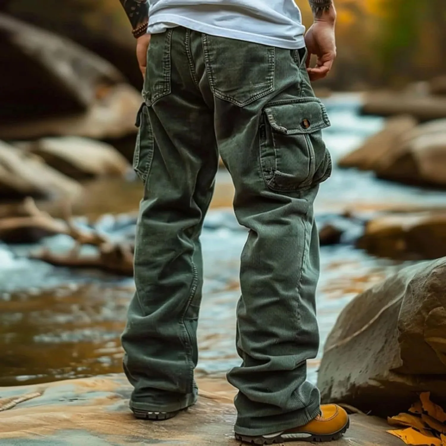 WENKOMG1 Corduroy Cargo Pants for Men Multi Pockets Straight Leg Outdoor Work Pants Retro Style Workwear