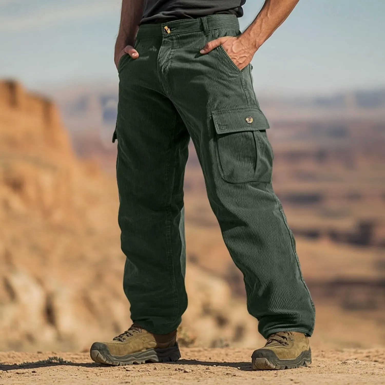 WENKOMG1 Corduroy Cargo Pants for Men Multi Pockets Straight Leg Outdoor Work Pants Retro Style Workwear