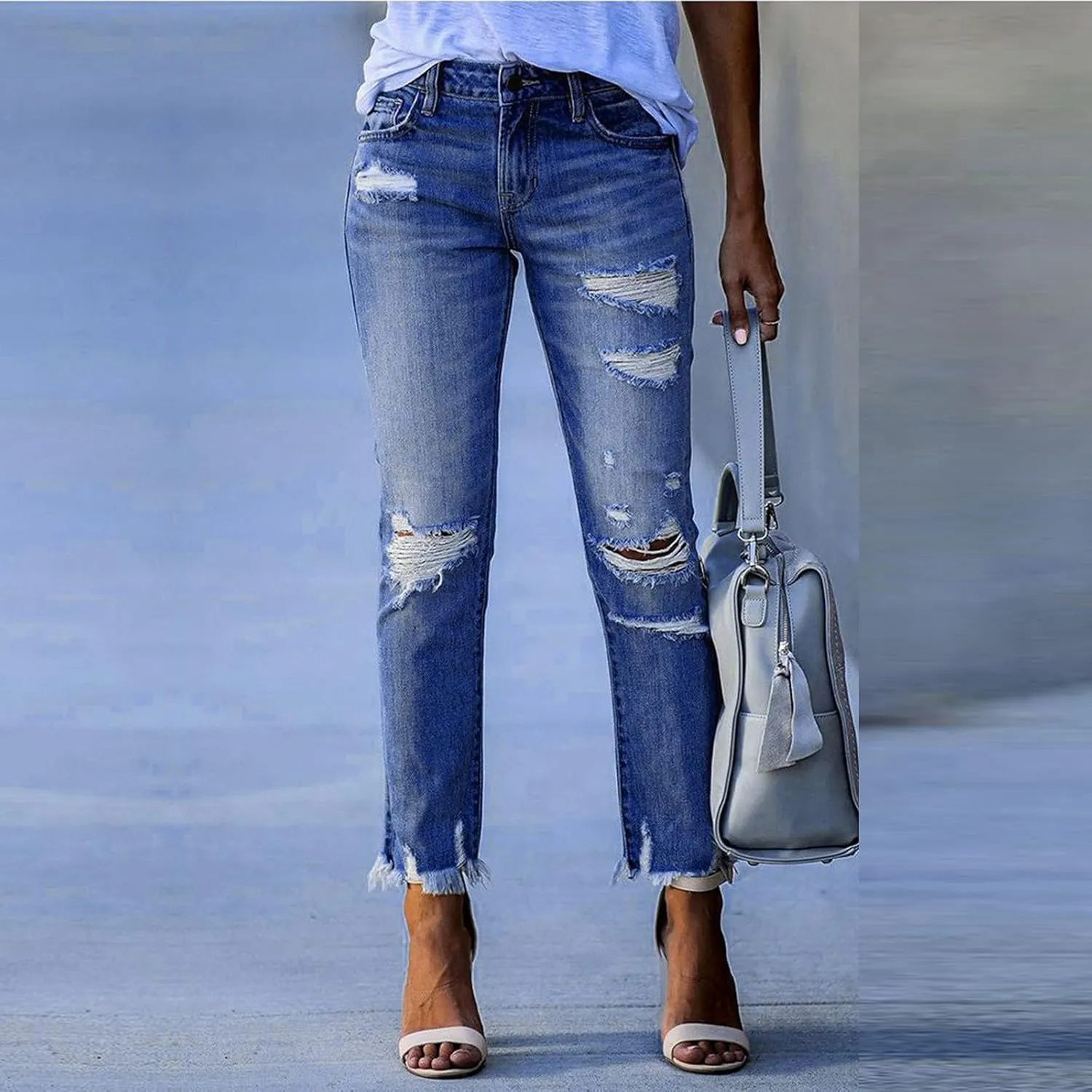 Women Capri Jeans Mid Waisted Ripped Boyfriend Jeans Straight Leg Cropped Jean Raw Hem Distressed Denim Pants
