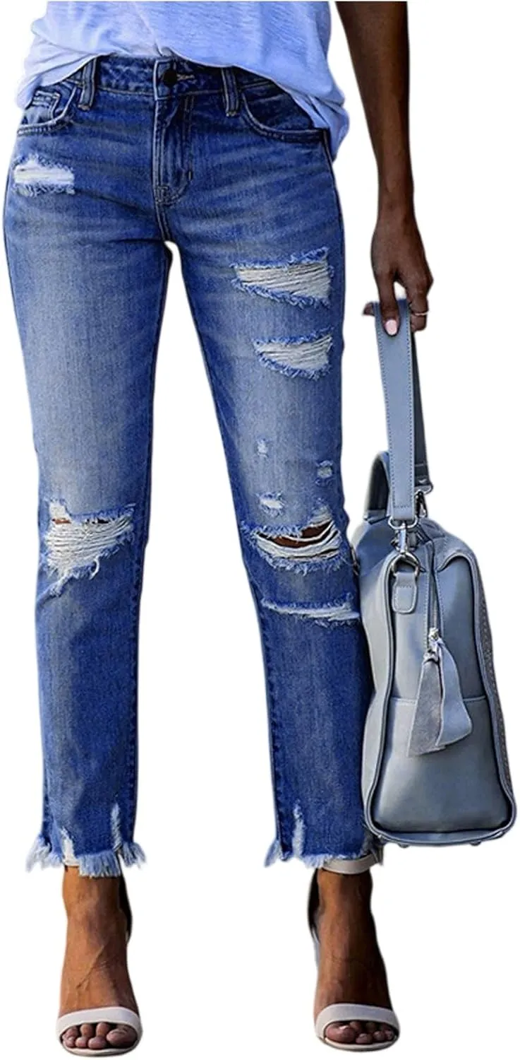 Women Capri Jeans Mid Waisted Ripped Boyfriend Jeans Straight Leg Cropped Jean Raw Hem Distressed Denim Pants