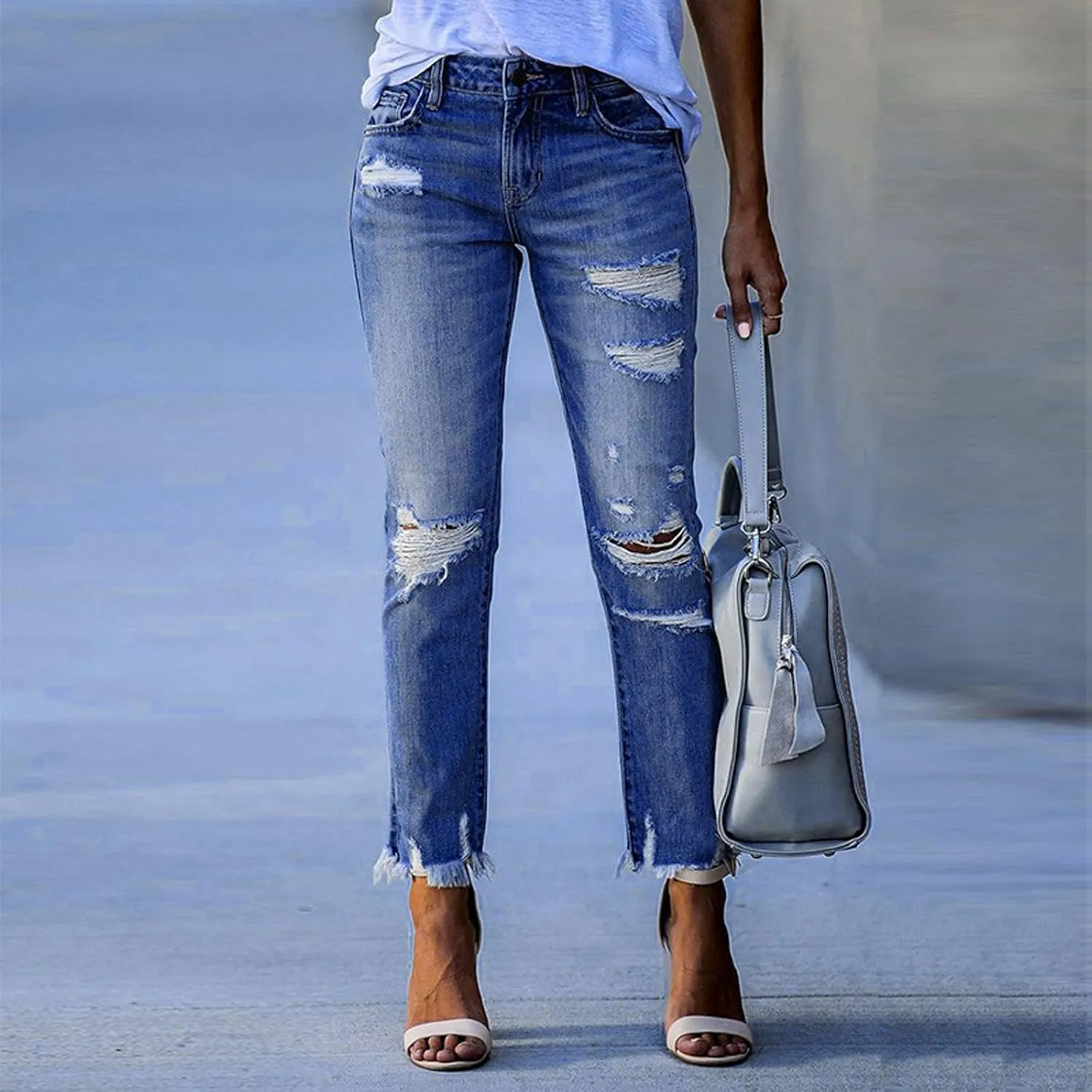 Women Capri Jeans Mid Waisted Ripped Boyfriend Jeans Straight Leg Cropped Jean Raw Hem Distressed Denim Pants