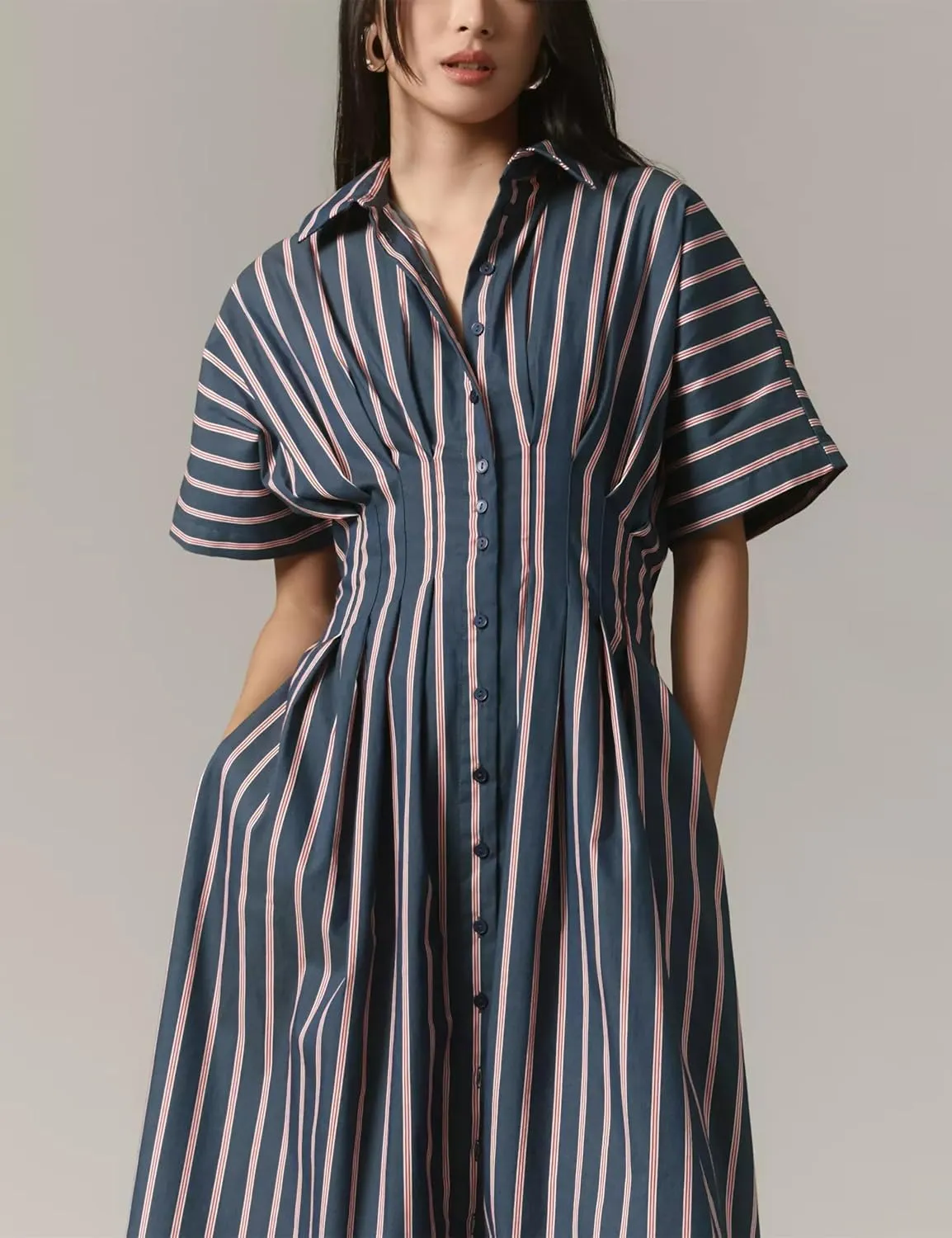 Women Casual Striped Button Down Pleated Shirt Maxi Dress Summer Lapel V Neck Short Sleeve Empire Waist Long Dress