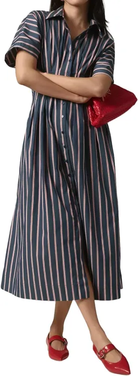 Women Casual Striped Button Down Pleated Shirt Maxi Dress Summer Lapel V Neck Short Sleeve Empire Waist Long Dress