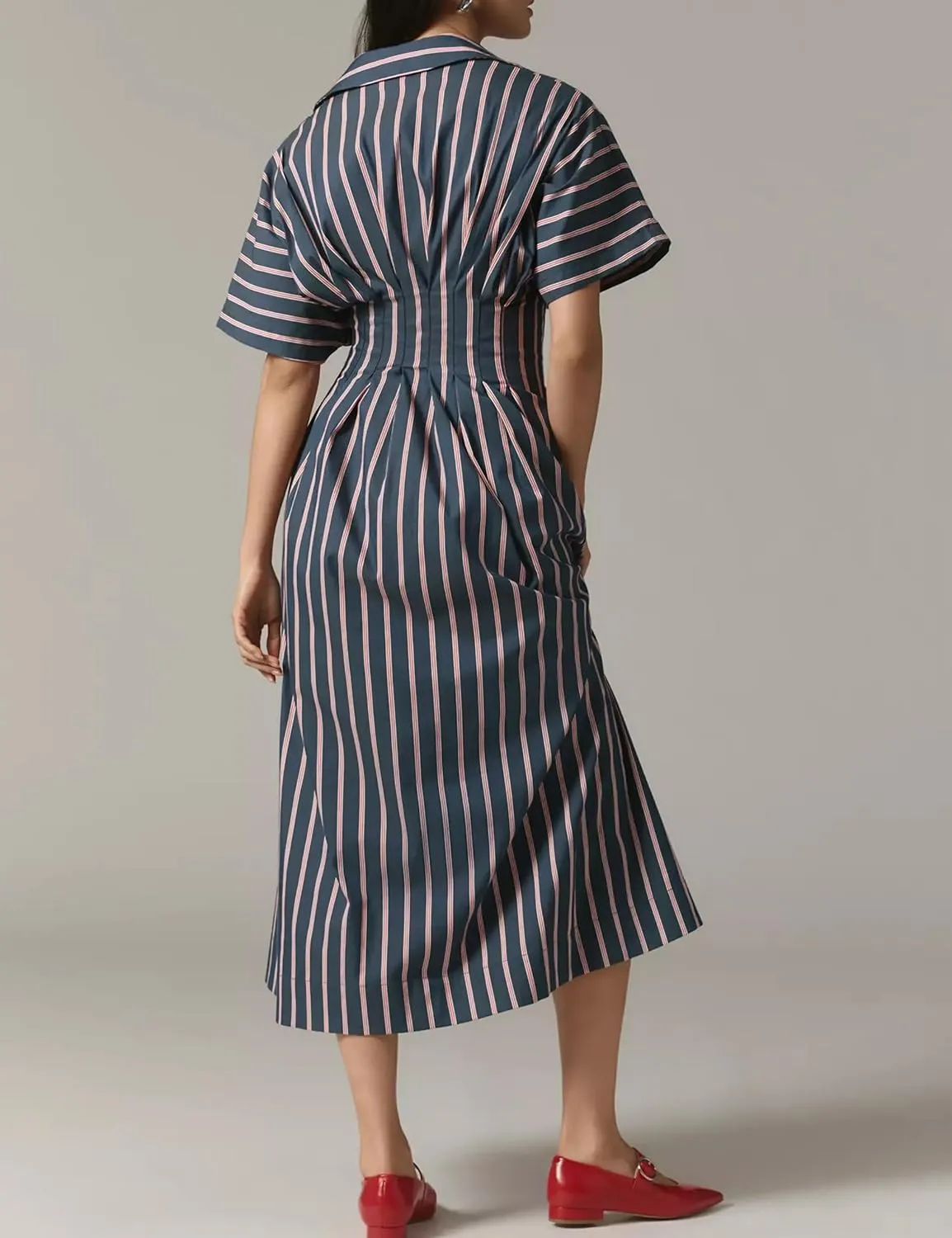 Women Casual Striped Button Down Pleated Shirt Maxi Dress Summer Lapel V Neck Short Sleeve Empire Waist Long Dress