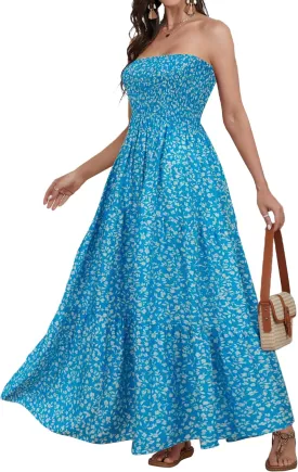 Women Strapless A Line Maxi Dress Tube Top Backless Casual Summer Dress