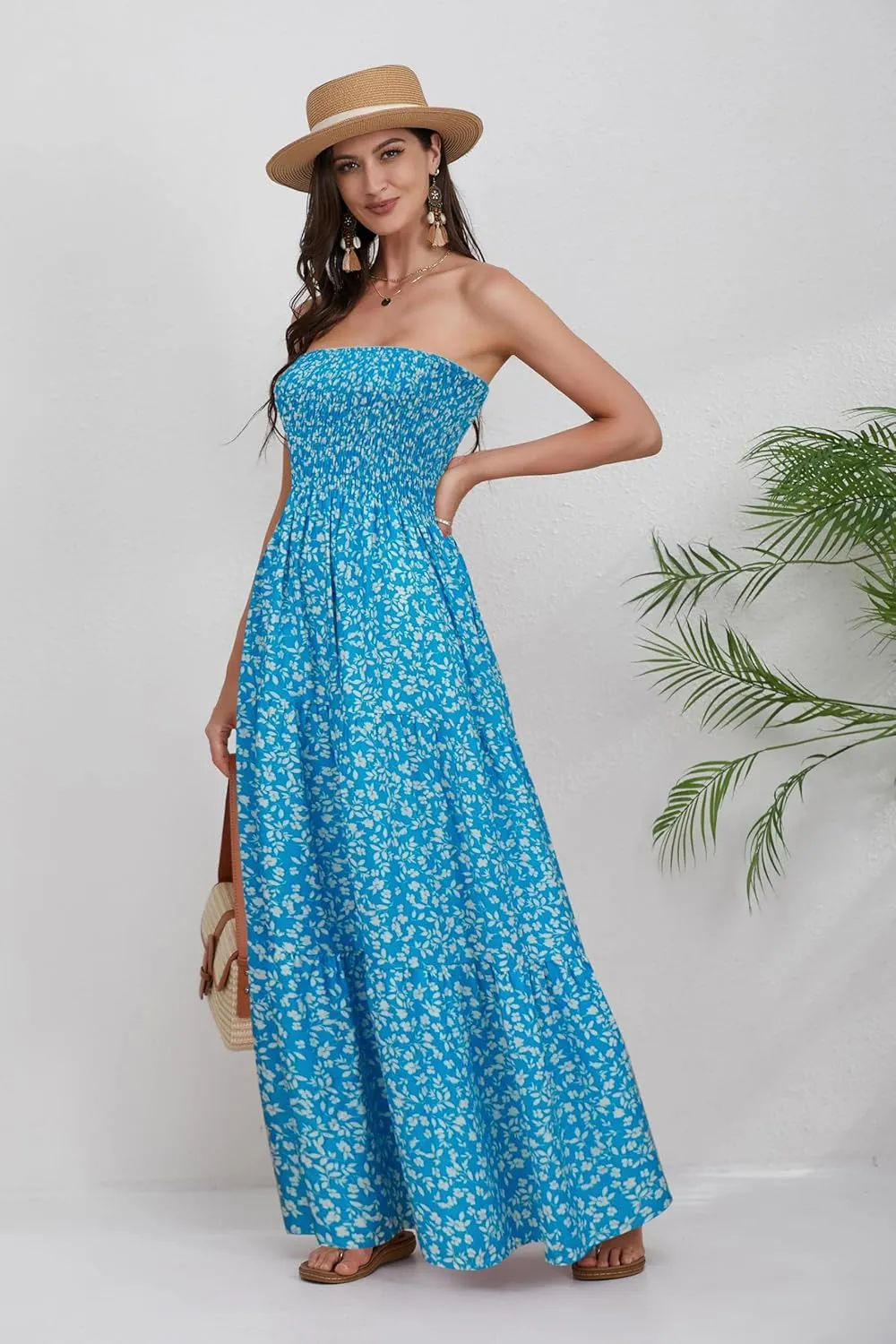 Women Strapless A Line Maxi Dress Tube Top Backless Casual Summer Dress