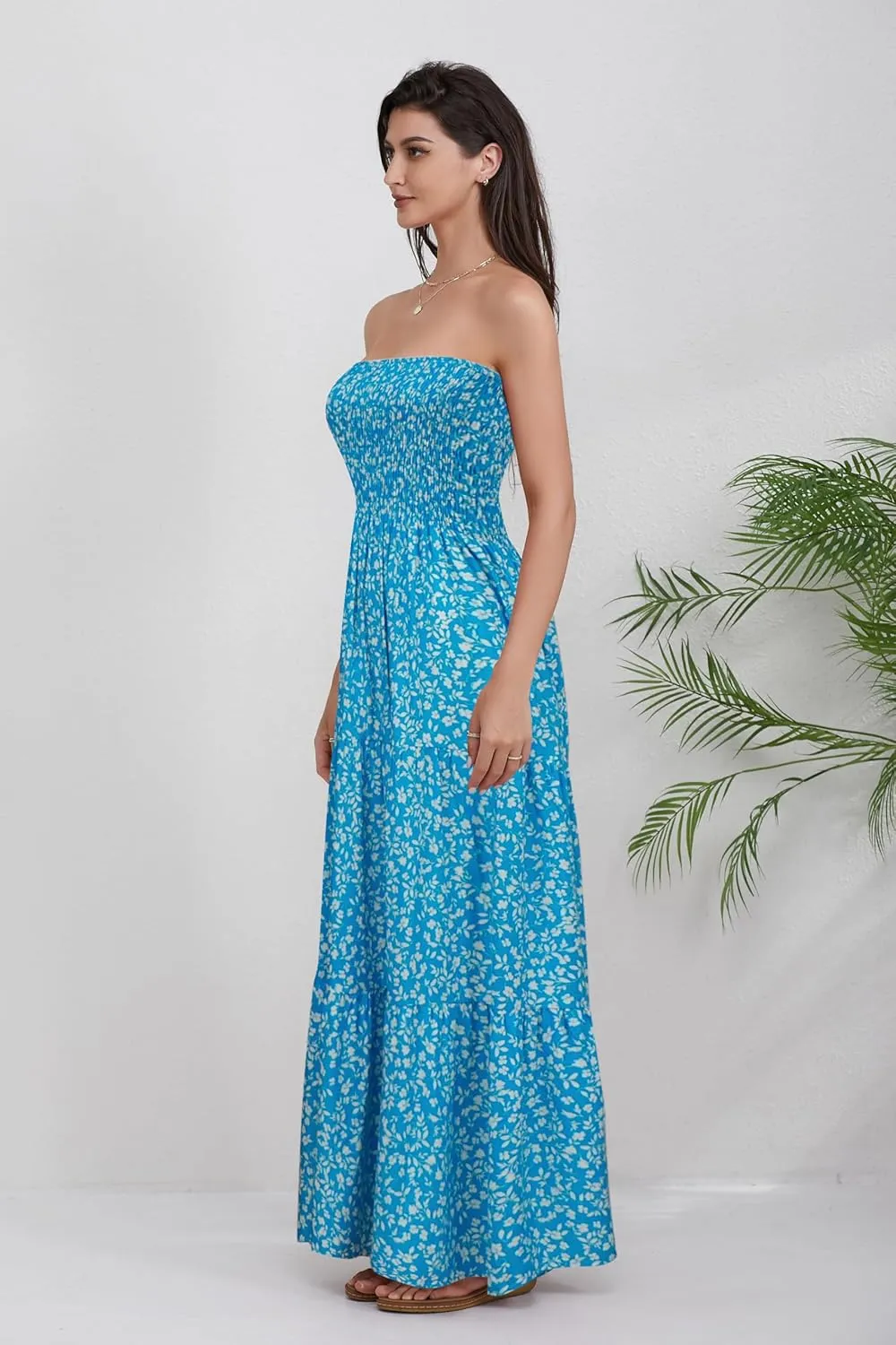 Women Strapless A Line Maxi Dress Tube Top Backless Casual Summer Dress