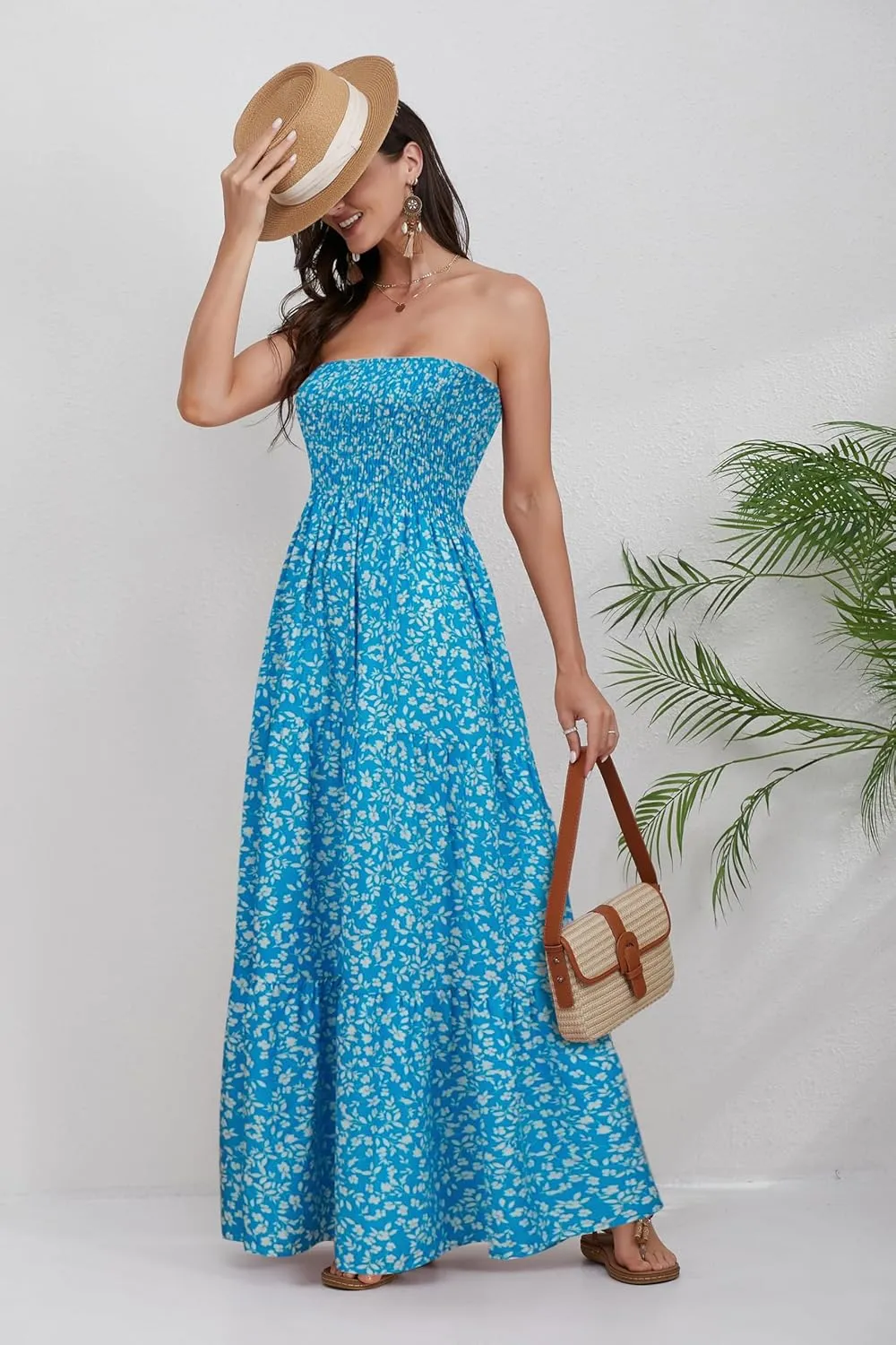 Women Strapless A Line Maxi Dress Tube Top Backless Casual Summer Dress
