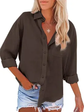 Womens Button Down Shirts Long Sleeve Dress Linen Shirts Casual Collared Cotton Button Up Blouses Oversized Tops with Pockets