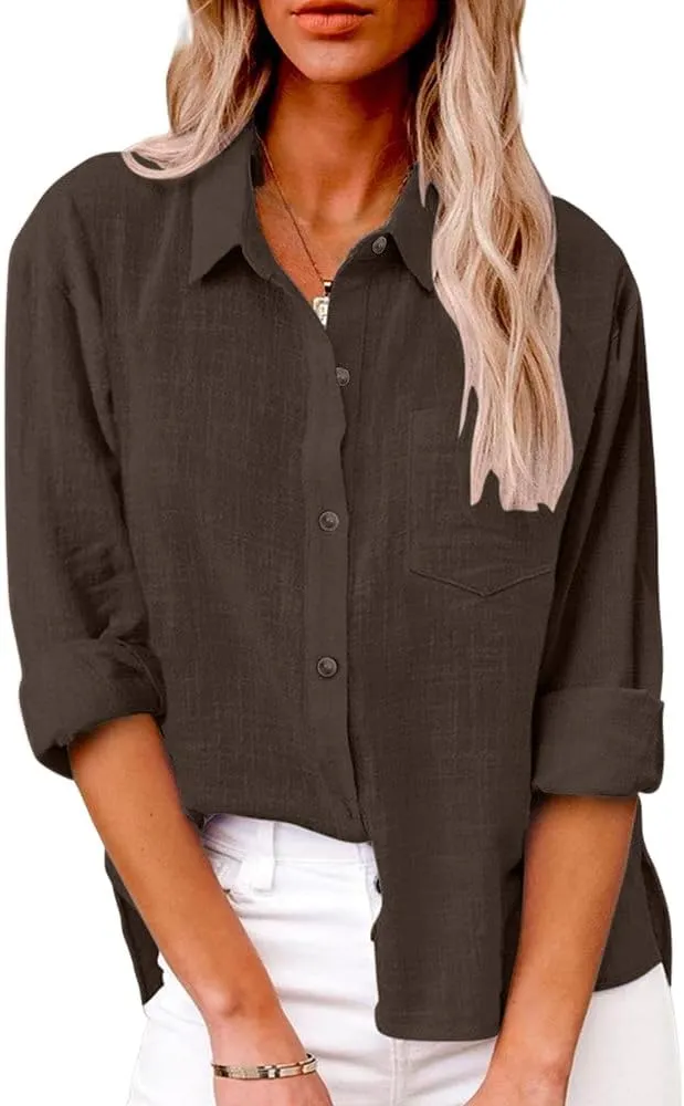 Womens Button Down Shirts Long Sleeve Dress Linen Shirts Casual Collared Cotton Button Up Blouses Oversized Tops with Pockets