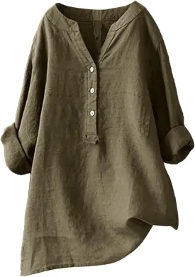 Womens Cotton Linen Shirts Solid 3/4 Sleeve Tunic Tops Oversized Tshirts Casual V Neck Dressy Blouses