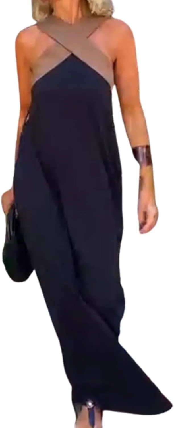 Women's Cross Halter Neck Sleeveless Stitching Dress, Trendy Causal Summer Beach Long Dress