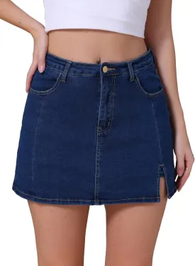 Women's Jean Skorts High Waisted A-Line Stretchy Side Slit Mini Denim Skirt with Shorts
