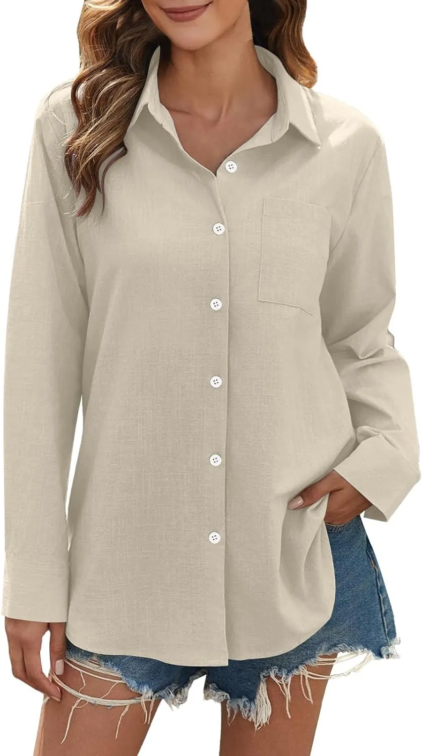 Womens Linen Button Down Shirts Women's Retro Floral Art Print Casual Long Sleeve Long Sleeve Cotton Gauze Tops
