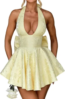 Womens Sexy Halter Corset Mini Dress Bow Backless A Line Party Dress Bodycon Drop Waist Flowy Club Short Dresses