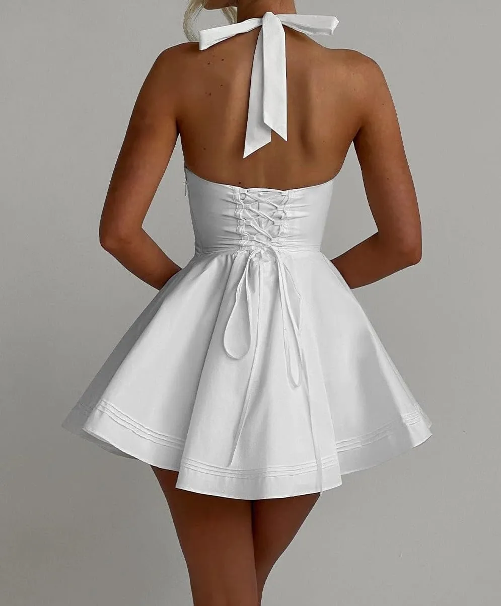 Womens Sexy Halter Corset Mini Dress Bow Backless A Line Party Dress Bodycon Drop Waist Flowy Club Short Dresses