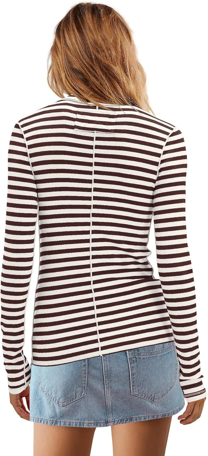 Yanekop Womens Striped Turtleneck Shirt Long Sleeve Striped Shirts Ribbed Knit Slim Fit Top Fitted Basic Tees
