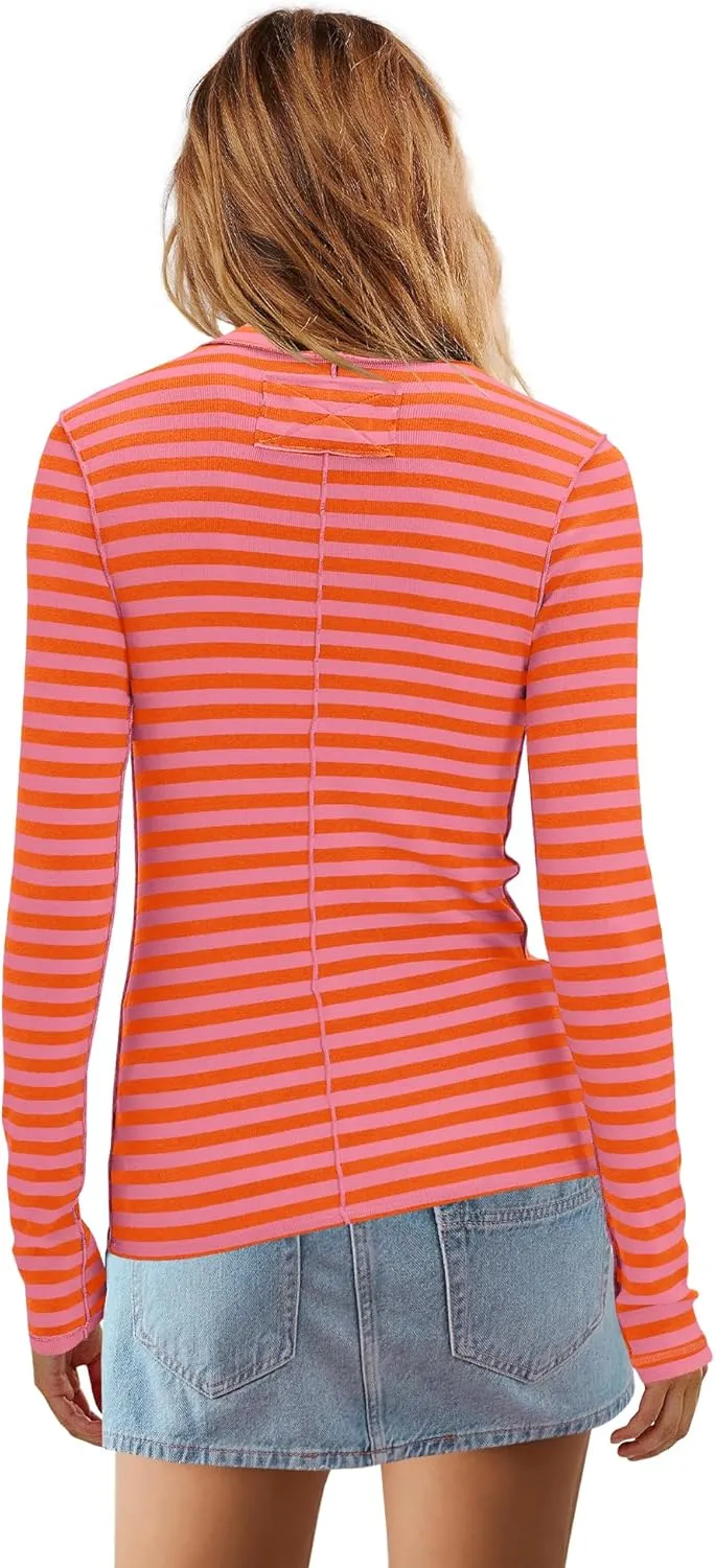 Yanekop Womens Striped Turtleneck Shirt Long Sleeve Striped Shirts Ribbed Knit Slim Fit Top Fitted Basic Tees