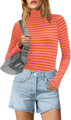 Yanekop Womens Striped Turtleneck Shirt Long Sleeve Striped Shirts Ribbed Knit Slim Fit Top Fitted Basic Tees