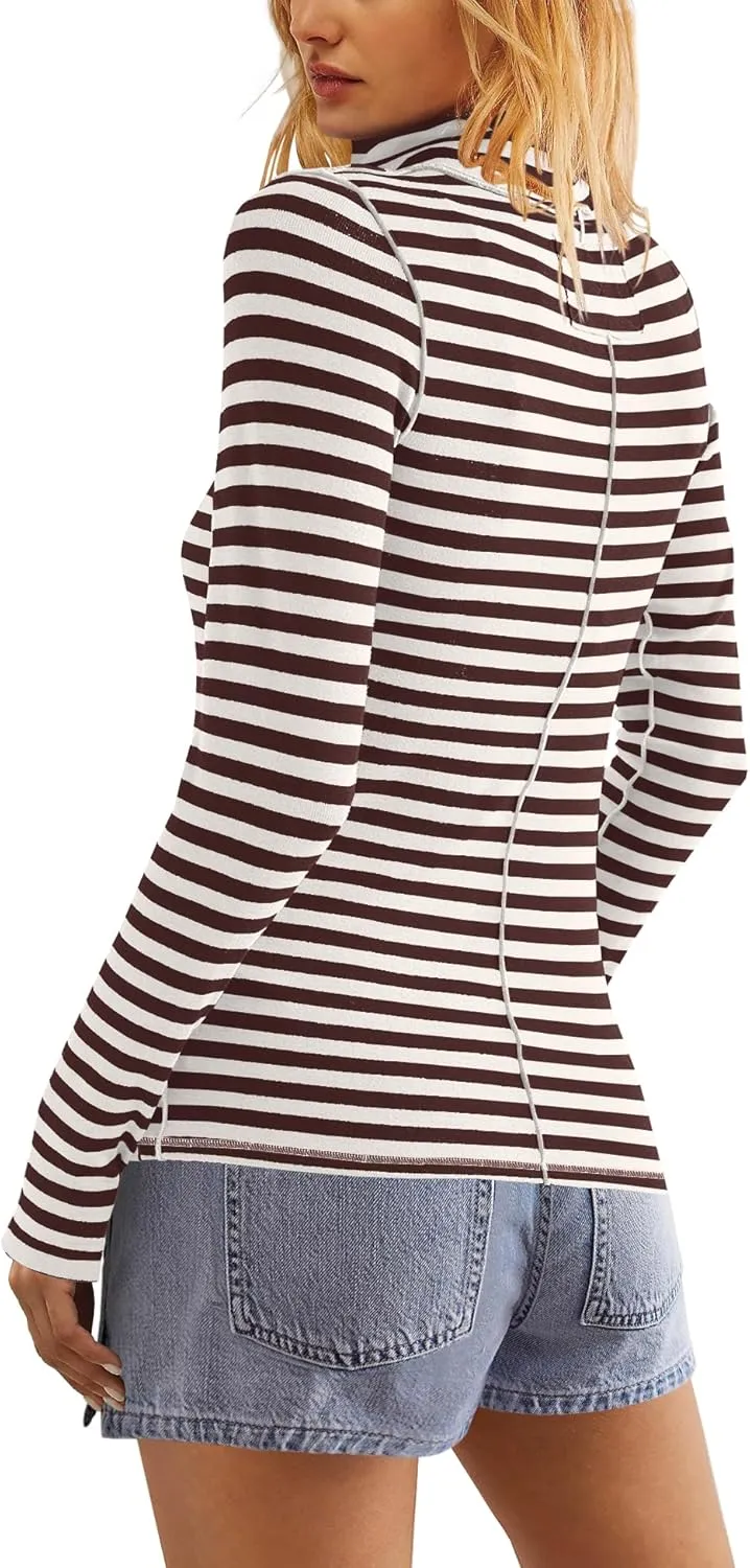 Yanekop Womens Striped Turtleneck Shirt Long Sleeve Striped Shirts Ribbed Knit Slim Fit Top Fitted Basic Tees