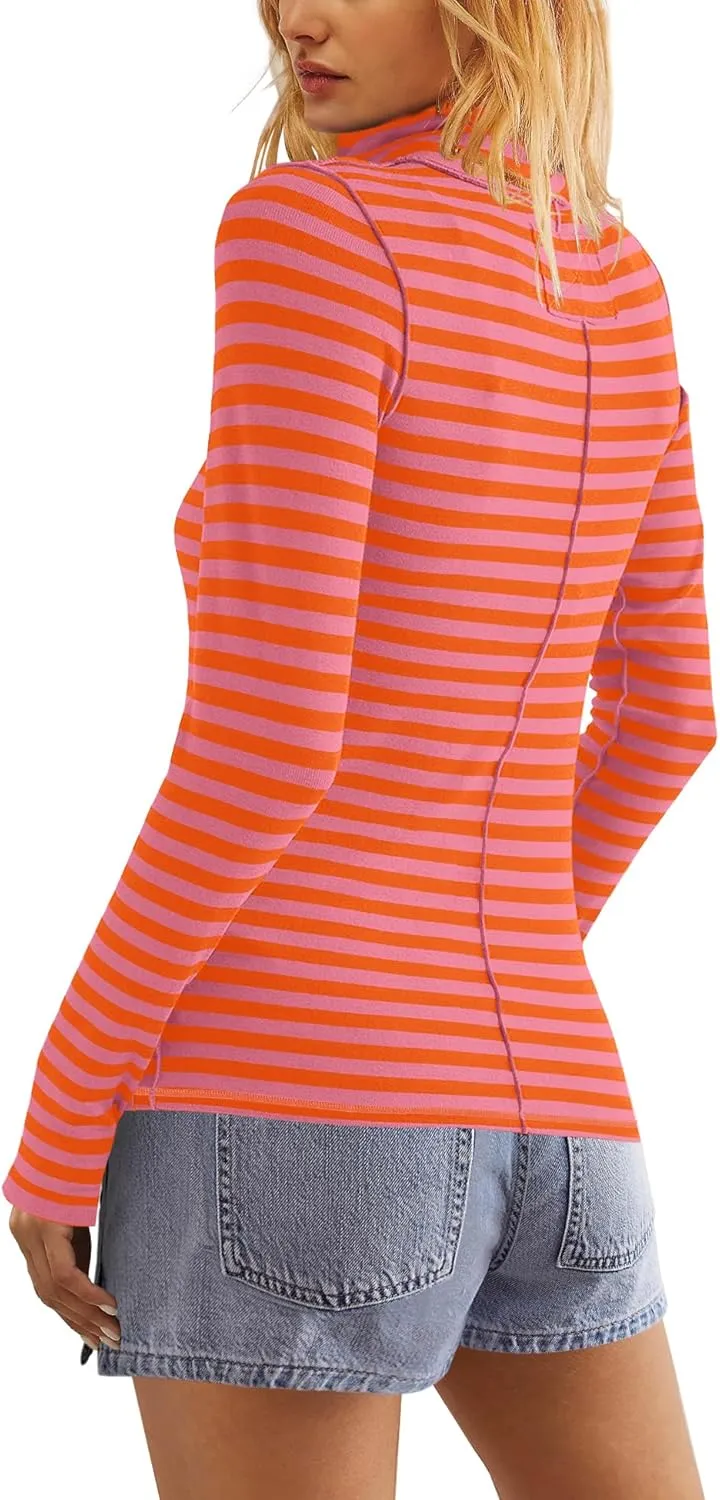 Yanekop Womens Striped Turtleneck Shirt Long Sleeve Striped Shirts Ribbed Knit Slim Fit Top Fitted Basic Tees