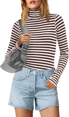 Yanekop Womens Striped Turtleneck Shirt Long Sleeve Striped Shirts Ribbed Knit Slim Fit Top Fitted Basic Tees