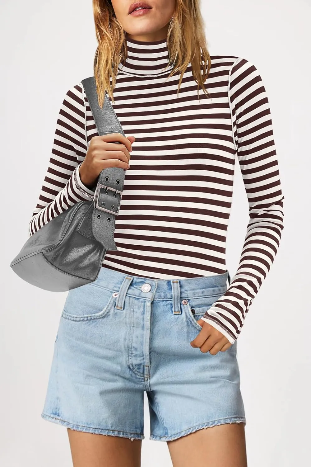 Yanekop Womens Striped Turtleneck Shirt Long Sleeve Striped Shirts Ribbed Knit Slim Fit Top Fitted Basic Tees