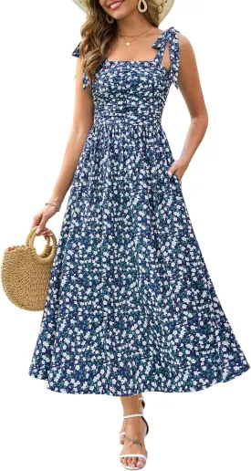 Zattcas Womens 2025 Summer Spaghetti Strap Floral Maxi Dress with Pockets Smocked Flowy Long Beach Vacation Sundresses