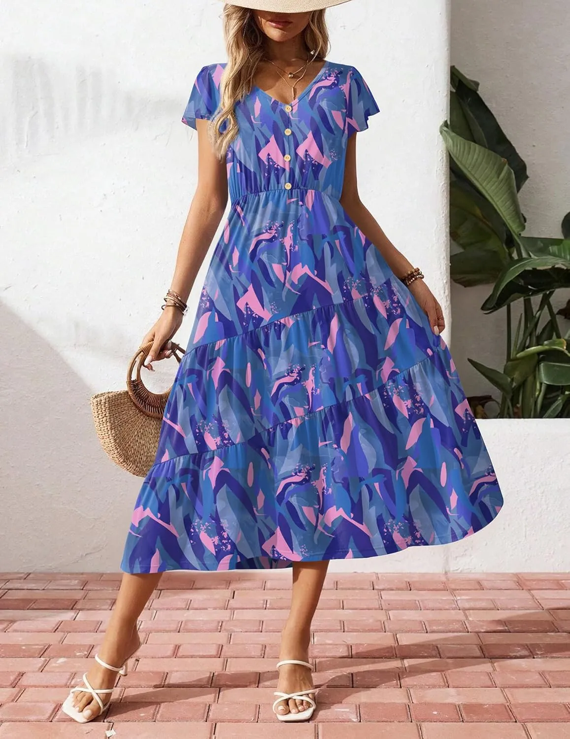 Zeagoo Women's Summer Casual Dress Flutter Short Sleeve V Neck Button Down Tiered Flowy Long Dress with Pockets