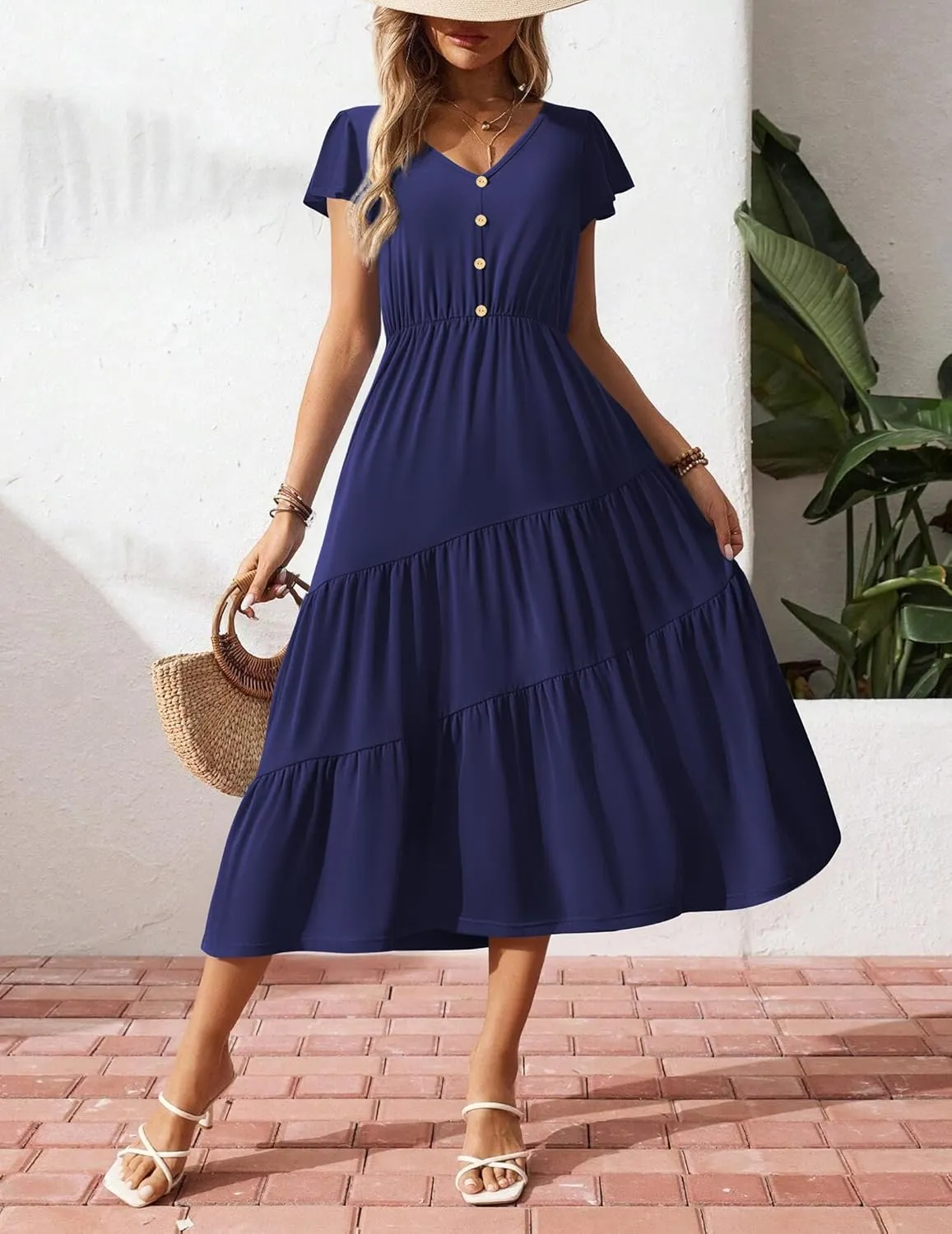 Zeagoo Women's Summer Casual Dress Flutter Short Sleeve V Neck Button Down Tiered Flowy Long Dress with Pockets