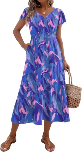 Zeagoo Women's Summer Casual Dress Flutter Short Sleeve V Neck Button Down Tiered Flowy Long Dress with Pockets