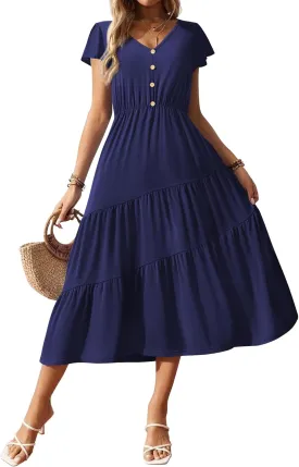 Zeagoo Women's Summer Casual Dress Flutter Short Sleeve V Neck Button Down Tiered Flowy Long Dress with Pockets
