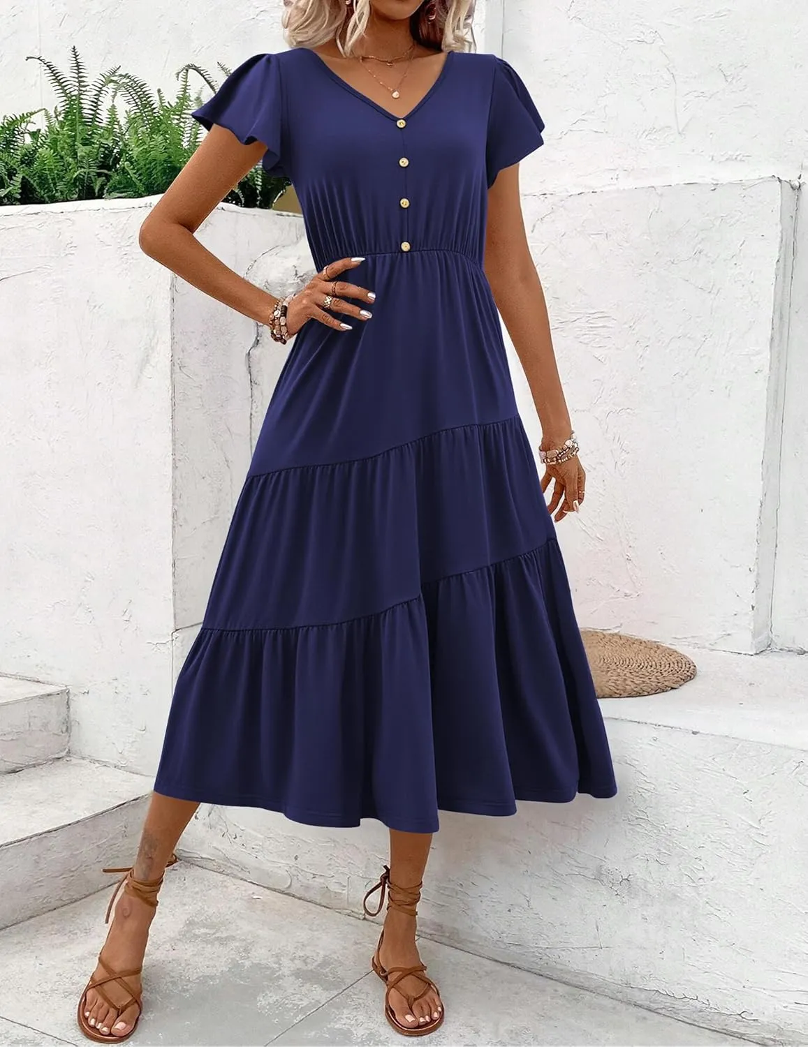 Zeagoo Women's Summer Casual Dress Flutter Short Sleeve V Neck Button Down Tiered Flowy Long Dress with Pockets