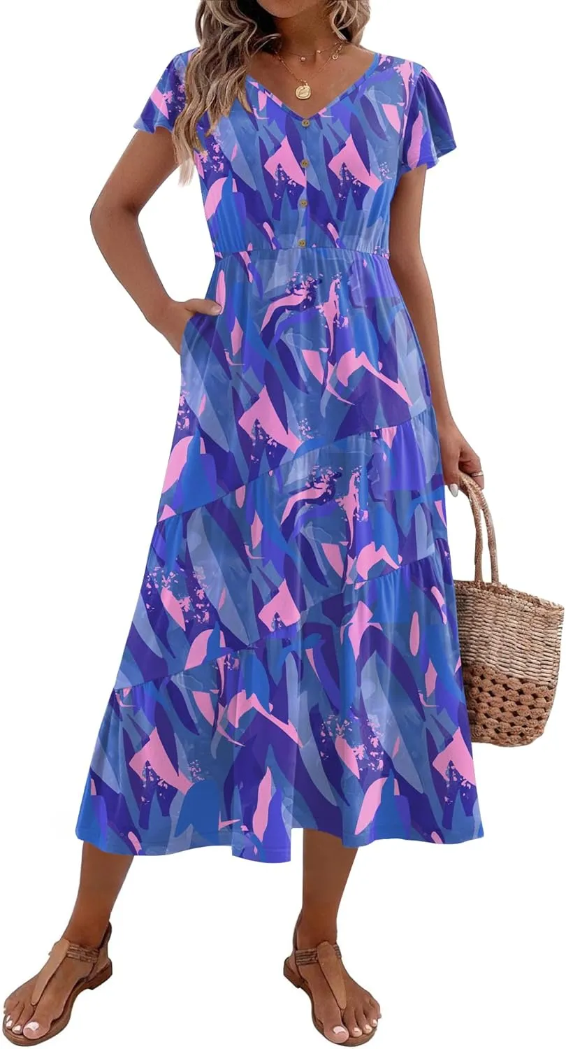 Zeagoo Women's Summer Casual Dress Flutter Short Sleeve V Neck Button Down Tiered Flowy Long Dress with Pockets