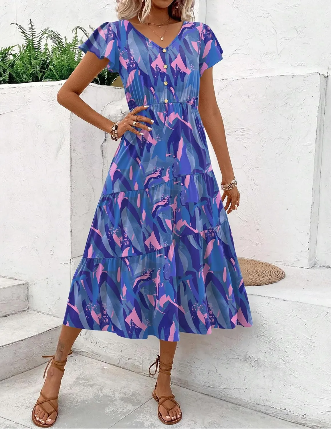 Zeagoo Women's Summer Casual Dress Flutter Short Sleeve V Neck Button Down Tiered Flowy Long Dress with Pockets