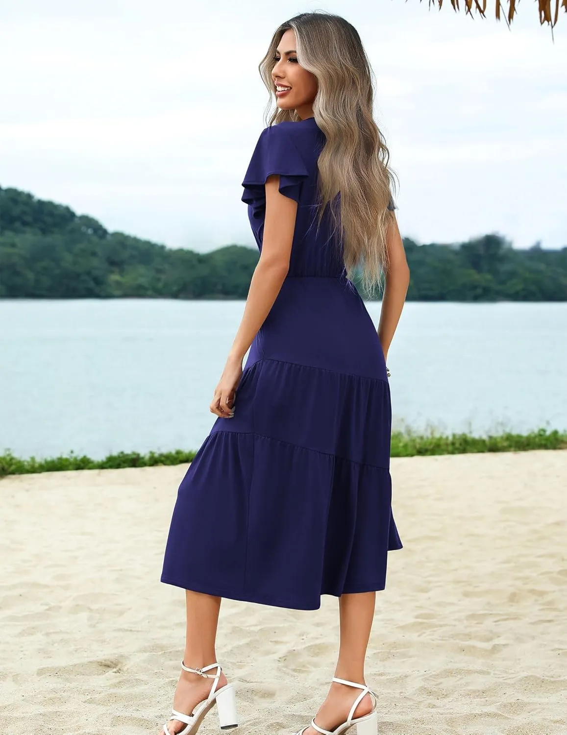 Zeagoo Women's Summer Casual Dress Flutter Short Sleeve V Neck Button Down Tiered Flowy Long Dress with Pockets