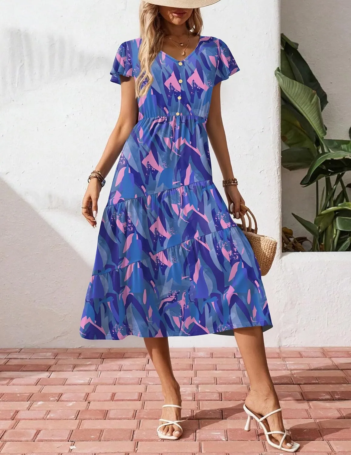 Zeagoo Women's Summer Casual Dress Flutter Short Sleeve V Neck Button Down Tiered Flowy Long Dress with Pockets
