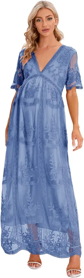 ZIUMUDY Maternity Floral Lace V Neck Wedding Dress Short Sleeve Maternity Long Dress for Photoshoot Baby Shower