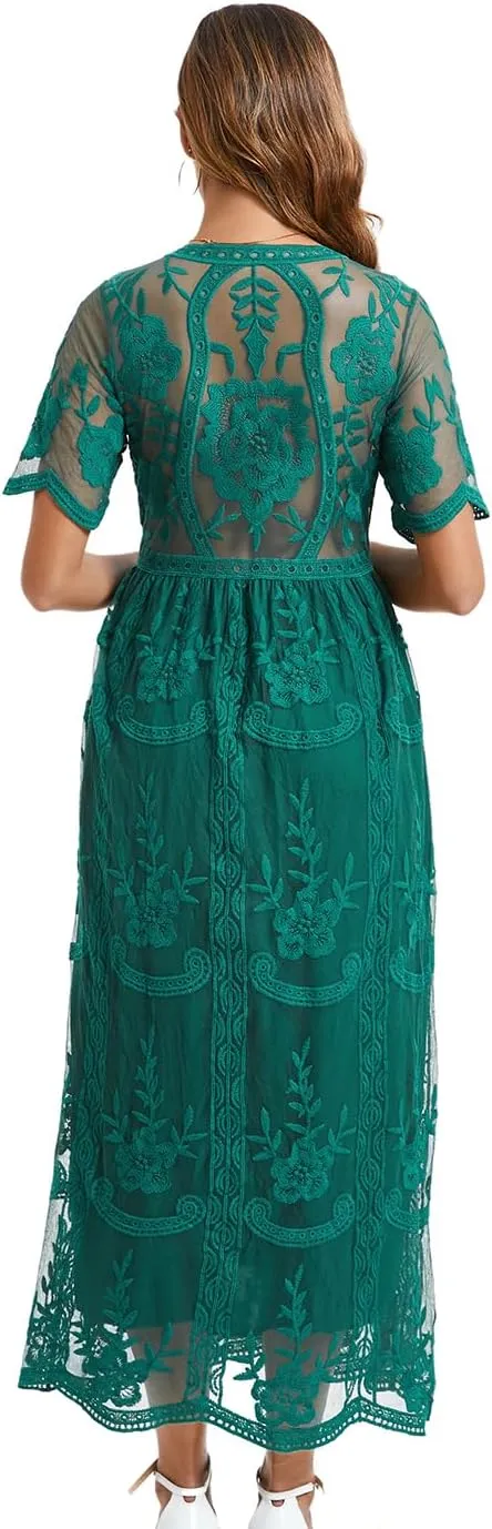 ZIUMUDY Maternity Floral Lace V Neck Wedding Dress Short Sleeve Maternity Long Dress for Photoshoot Baby Shower