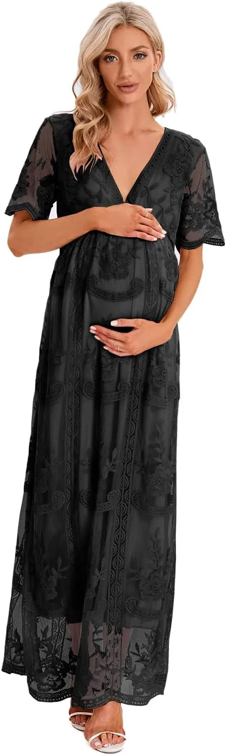 ZIUMUDY Maternity Floral Lace V Neck Wedding Dress Short Sleeve Maternity Long Dress for Photoshoot Baby Shower