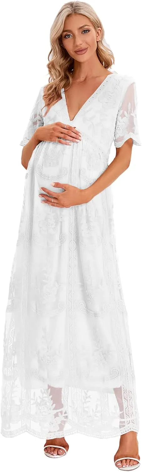 ZIUMUDY Maternity Floral Lace V Neck Wedding Dress Short Sleeve Maternity Long Dress for Photoshoot Baby Shower
