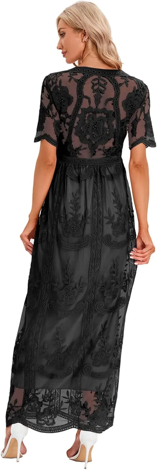 ZIUMUDY Maternity Floral Lace V Neck Wedding Dress Short Sleeve Maternity Long Dress for Photoshoot Baby Shower