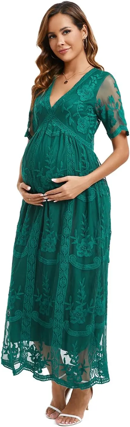 ZIUMUDY Maternity Floral Lace V Neck Wedding Dress Short Sleeve Maternity Long Dress for Photoshoot Baby Shower