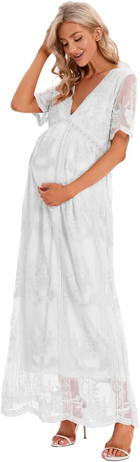 ZIUMUDY Maternity Floral Lace V Neck Wedding Dress Short Sleeve Maternity Long Dress for Photoshoot Baby Shower