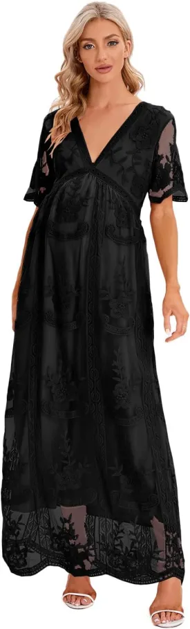 ZIUMUDY Maternity Floral Lace V Neck Wedding Dress Short Sleeve Maternity Long Dress for Photoshoot Baby Shower